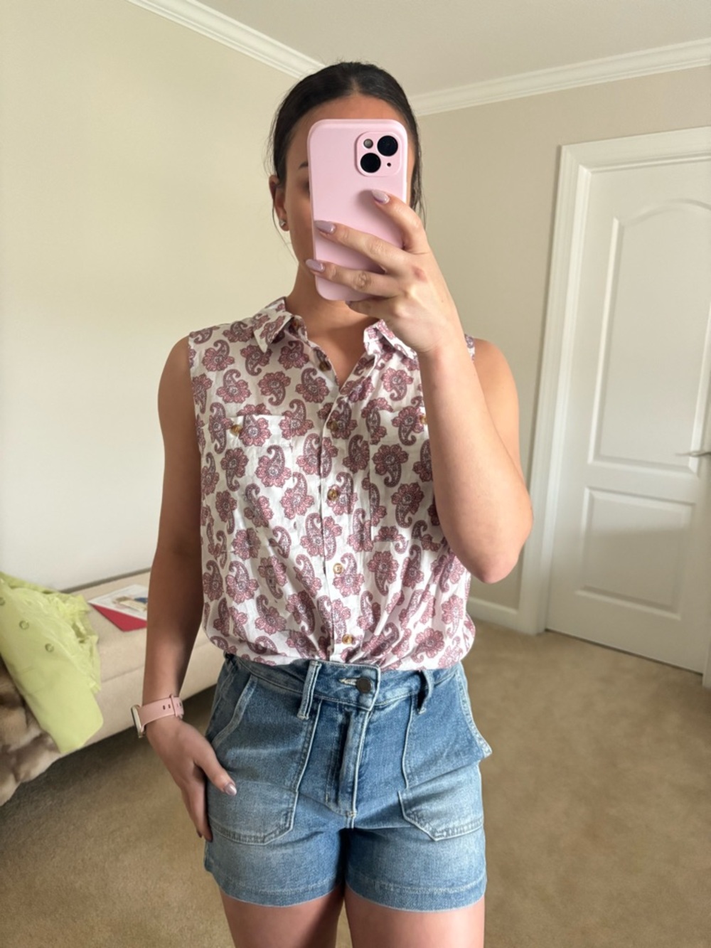 Nautica Sleeveless Paisley Button-Front Blouse - White & Mauve